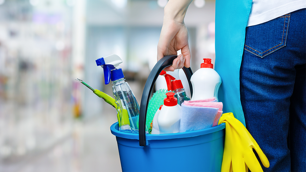 person holding cleaning supplies